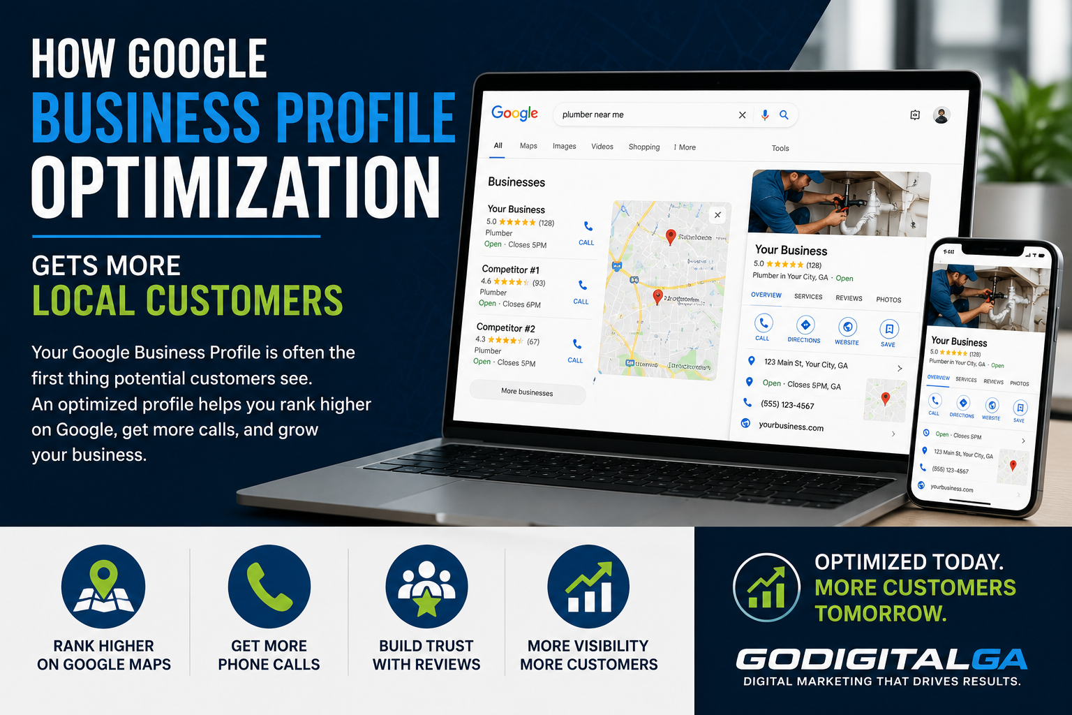 Google Business Profile optimization shown on laptop and phone with local search results, map listings, and business information