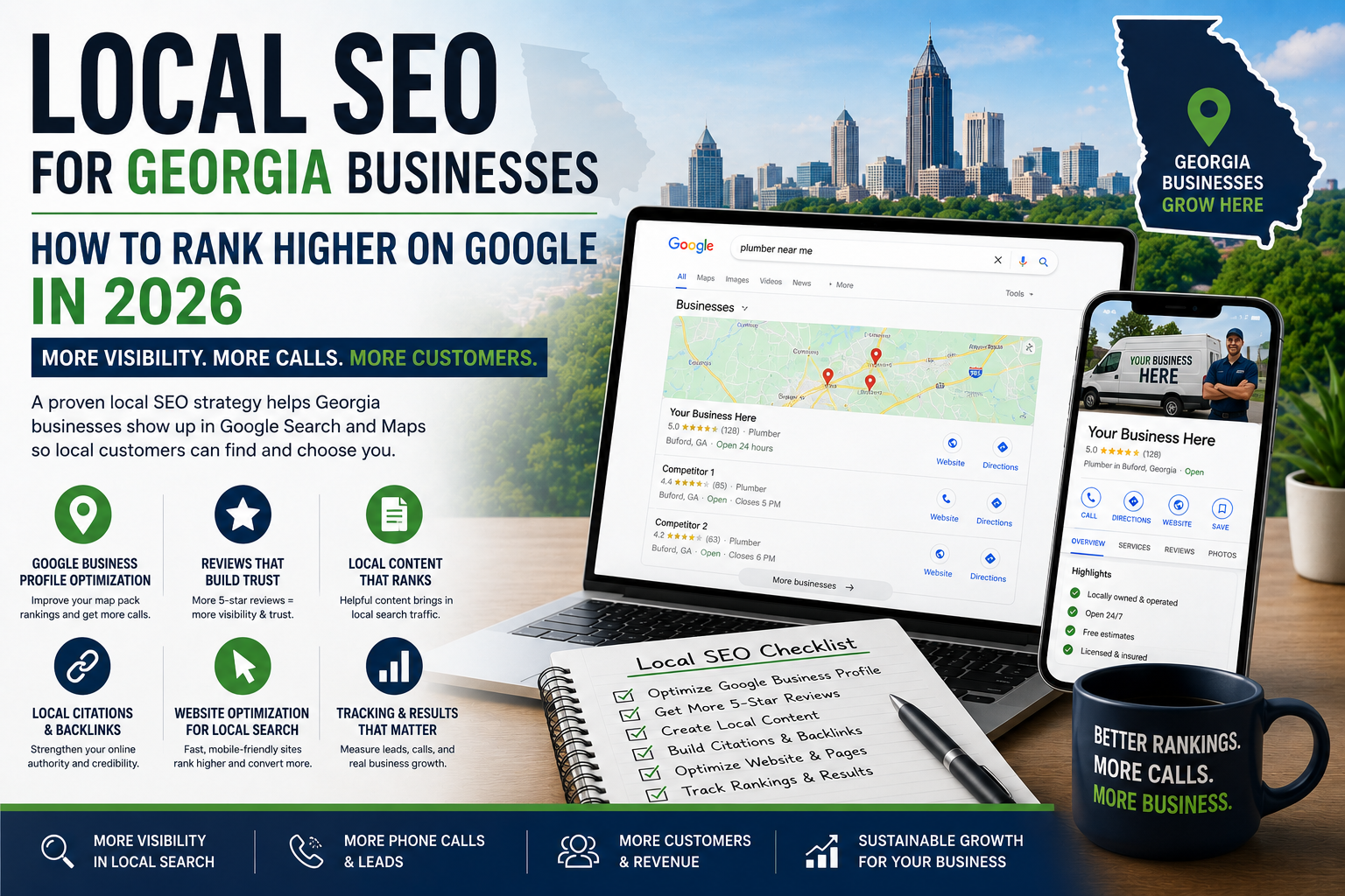 Local SEO for Georgia businesses guide showing Google Maps search results, Georgia state outline, Atlanta skyline, and local SEO checklist